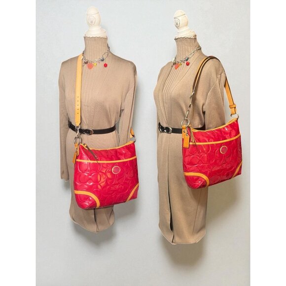 Coach Peyton Embossed C Patent Leather Hobo F20022 Pink Cerise Tan Trim Converts - Picture 2 of 9